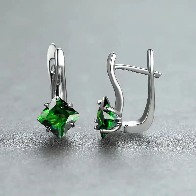 Copper women's earrings with diamond design featuring inlaid zircon stones in blue, colour, and green options