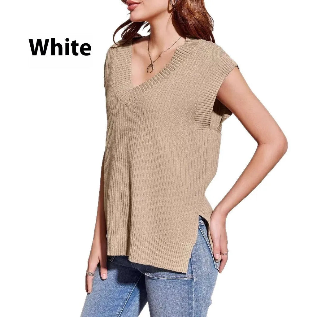 Women's striped V-neck sleeveless vest in camel colour with loose fit