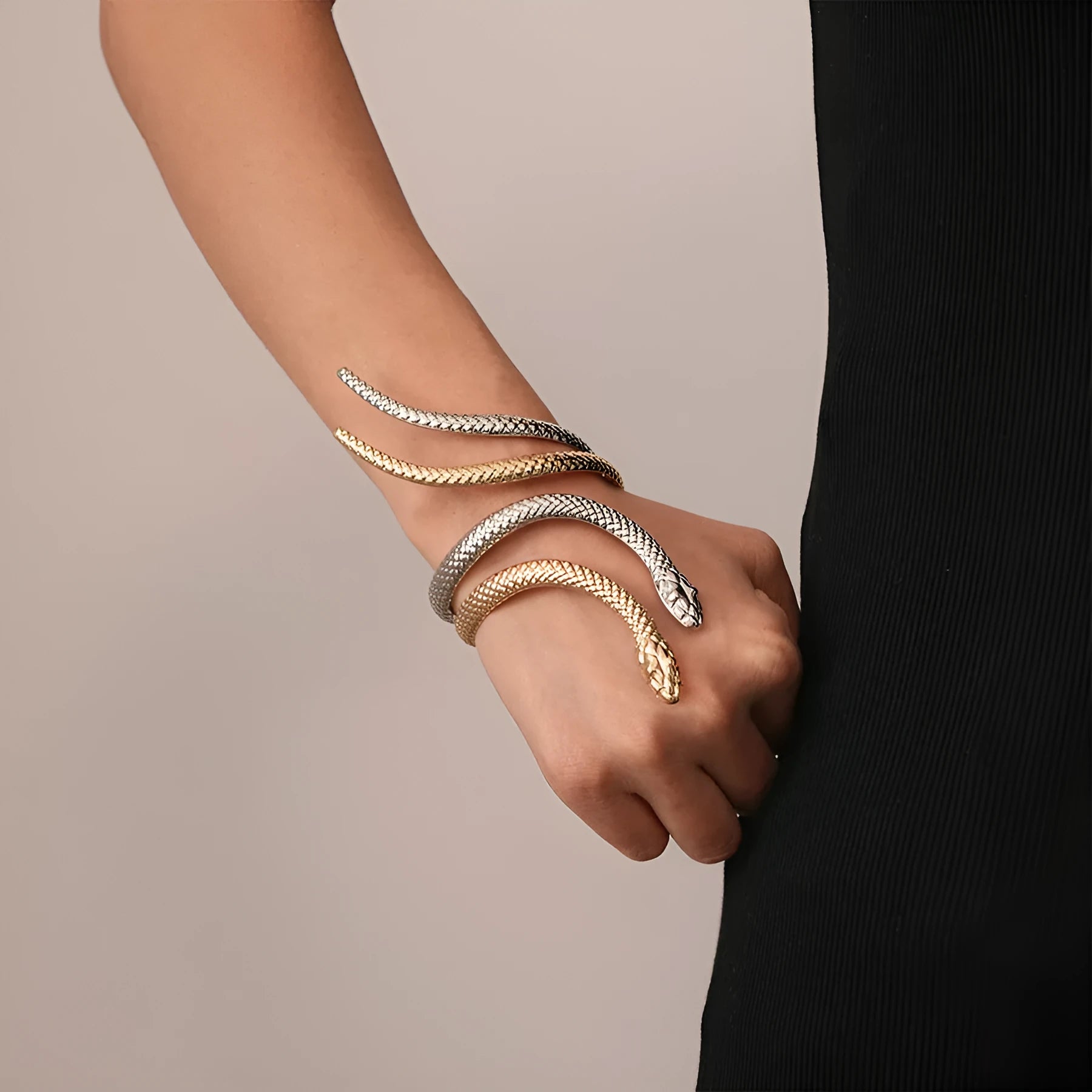 Metal snake ring and bracelet set with exaggerated twisted winding pattern in gold or silver colour