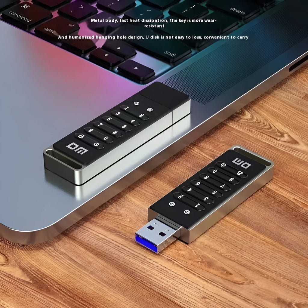 Intelligent digital button fingerprint encryption USB flash drive with metal shell showing dimensions