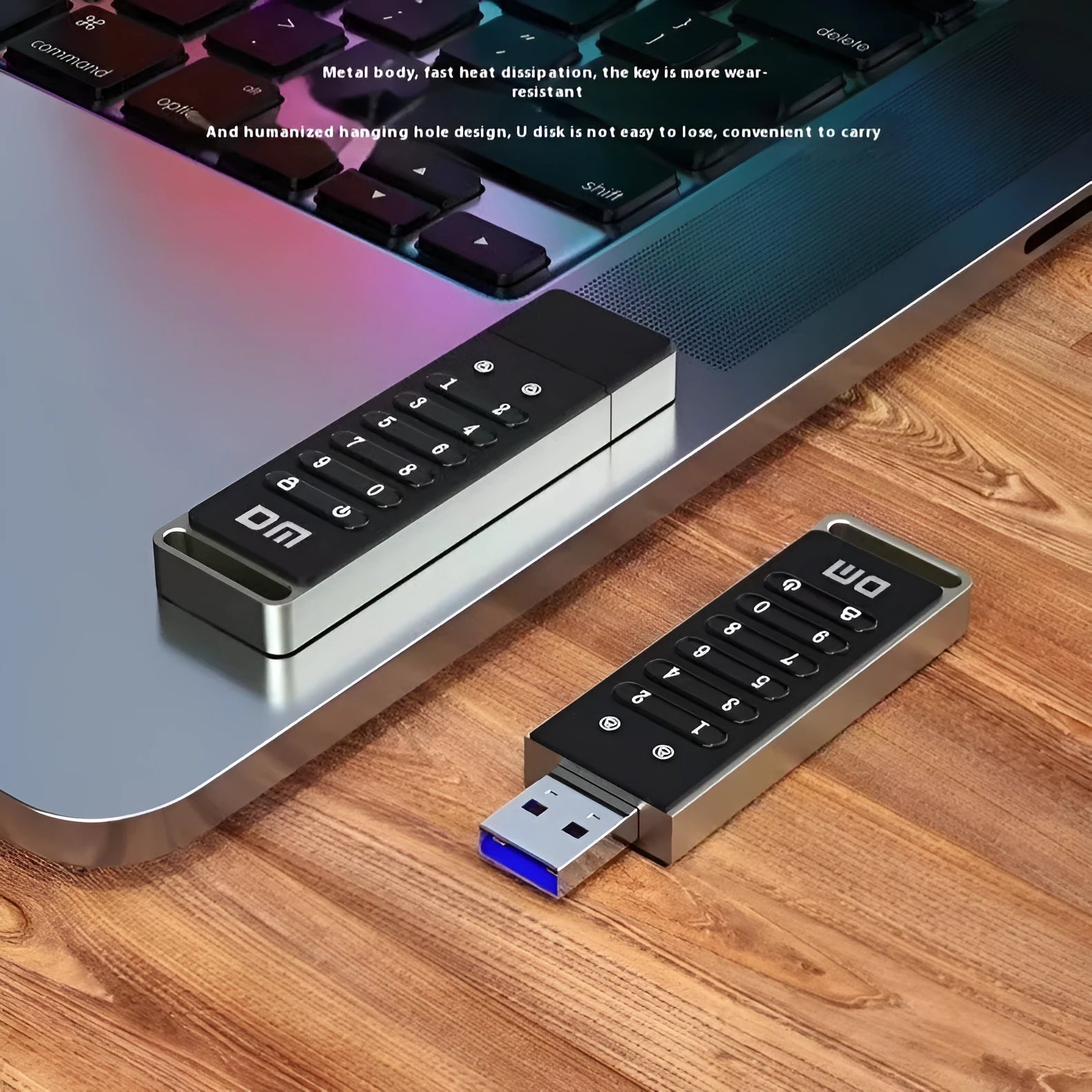 Intelligent digital button fingerprint encryption USB flash drive with metal shell showing dimensions