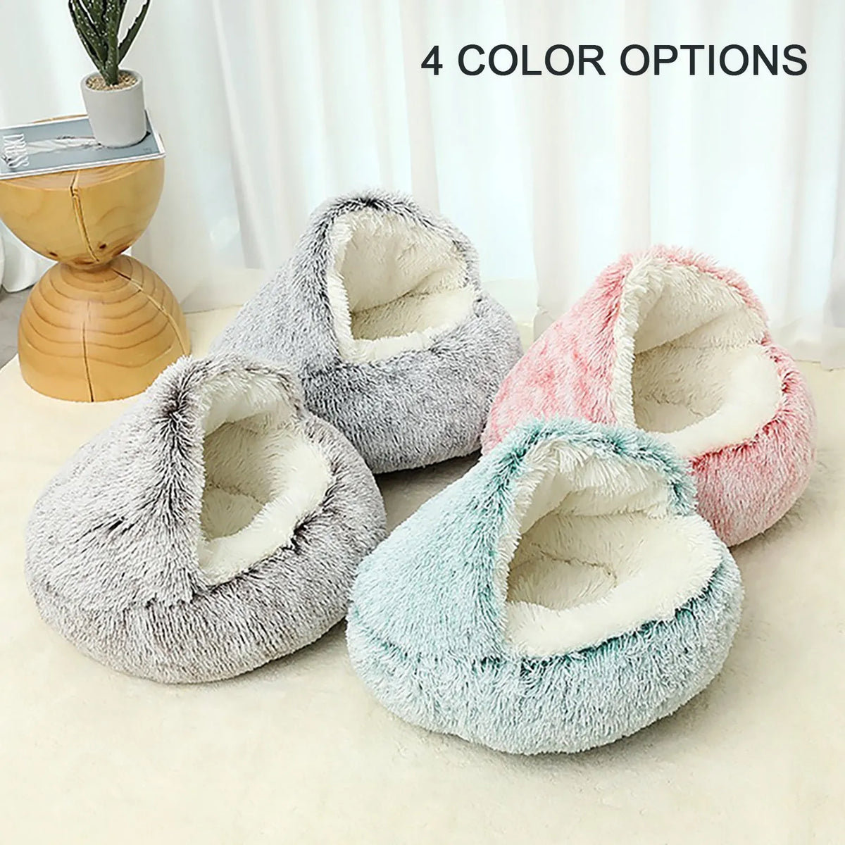 Round plush hooded cat bed in faux fur with non-skid base, semi-enclosed donut shape, available in 40cm, 50cm, 60cm