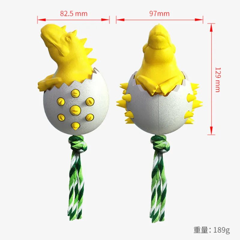 Durable dinosaur-shaped dog chew toy with rope attached, shown in blue colour