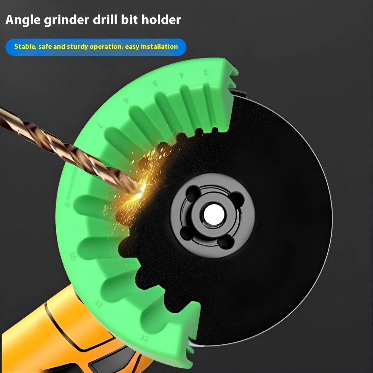 Angle grinder grinding bit bracket holder in yellow, green, and black colour options for tool organisation