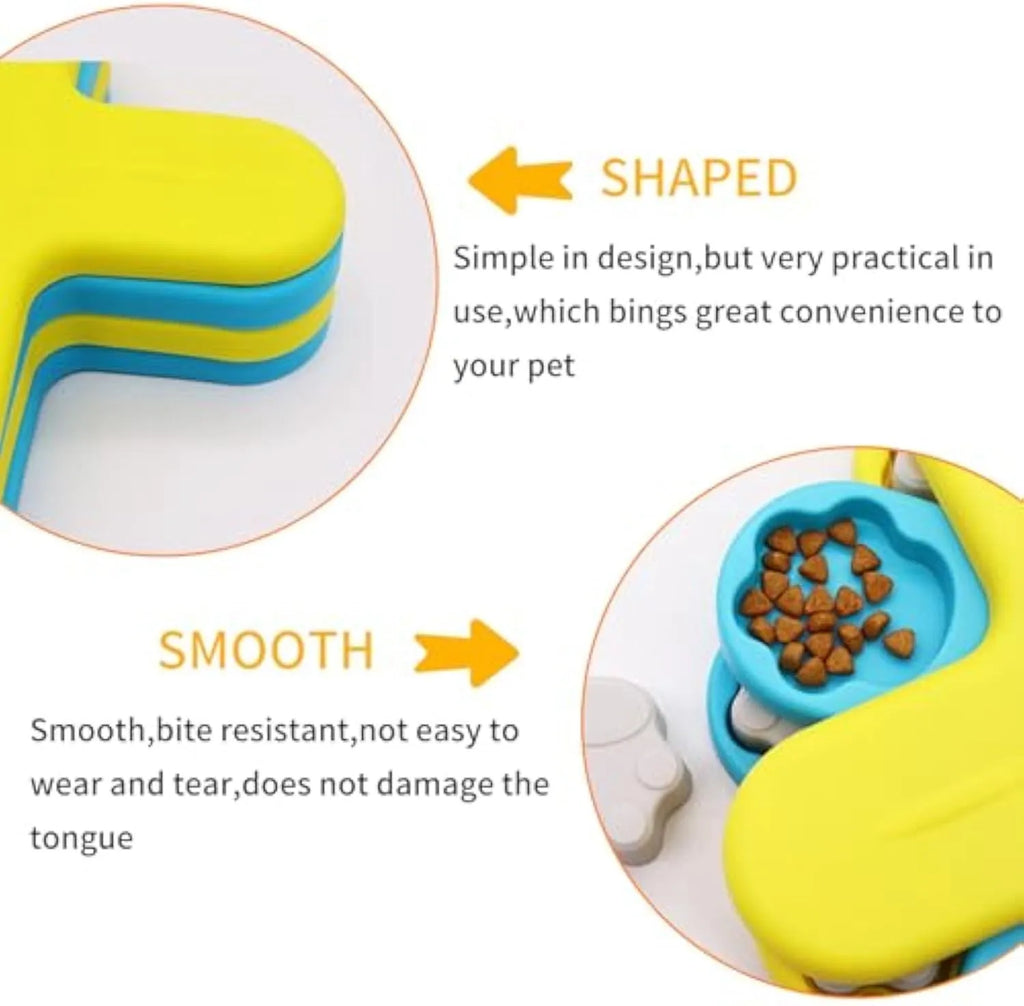 Yellow dog puzzle feeder toy with three rotating layers and a non-slip base for slow feeding and IQ training.