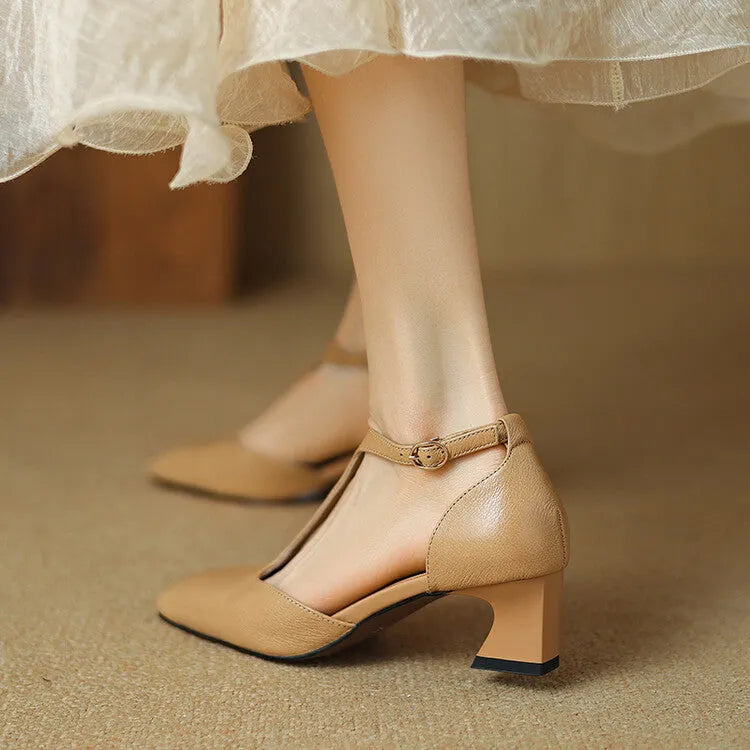 French retro square toe chunky heel shoes in sheepskin leather with buckle fastening