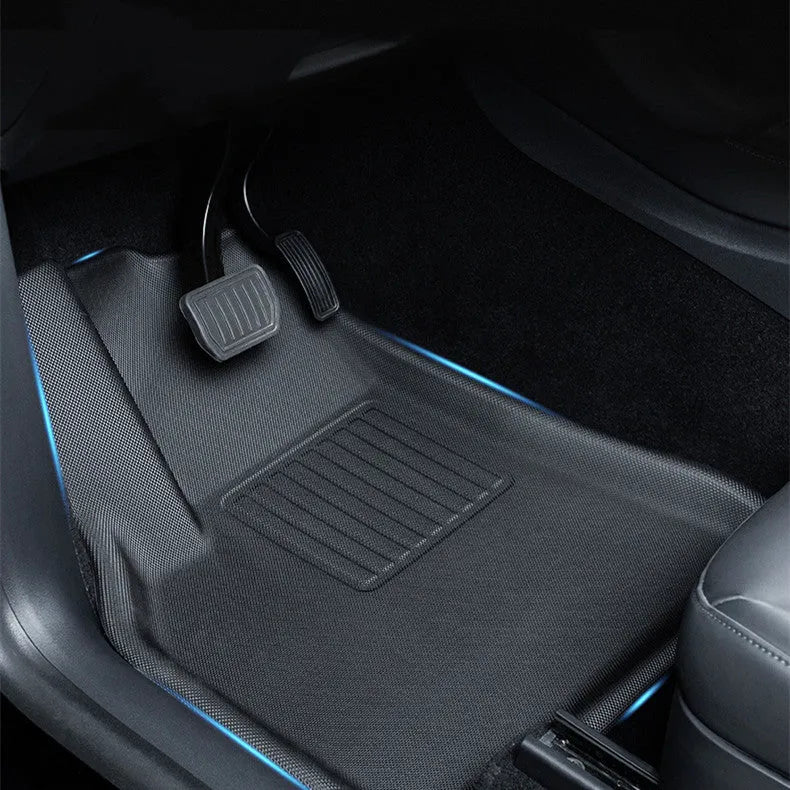 TPR car floor mat set for Tesla Model Y, showing foot mats, storage box mat, and tailbox mats.