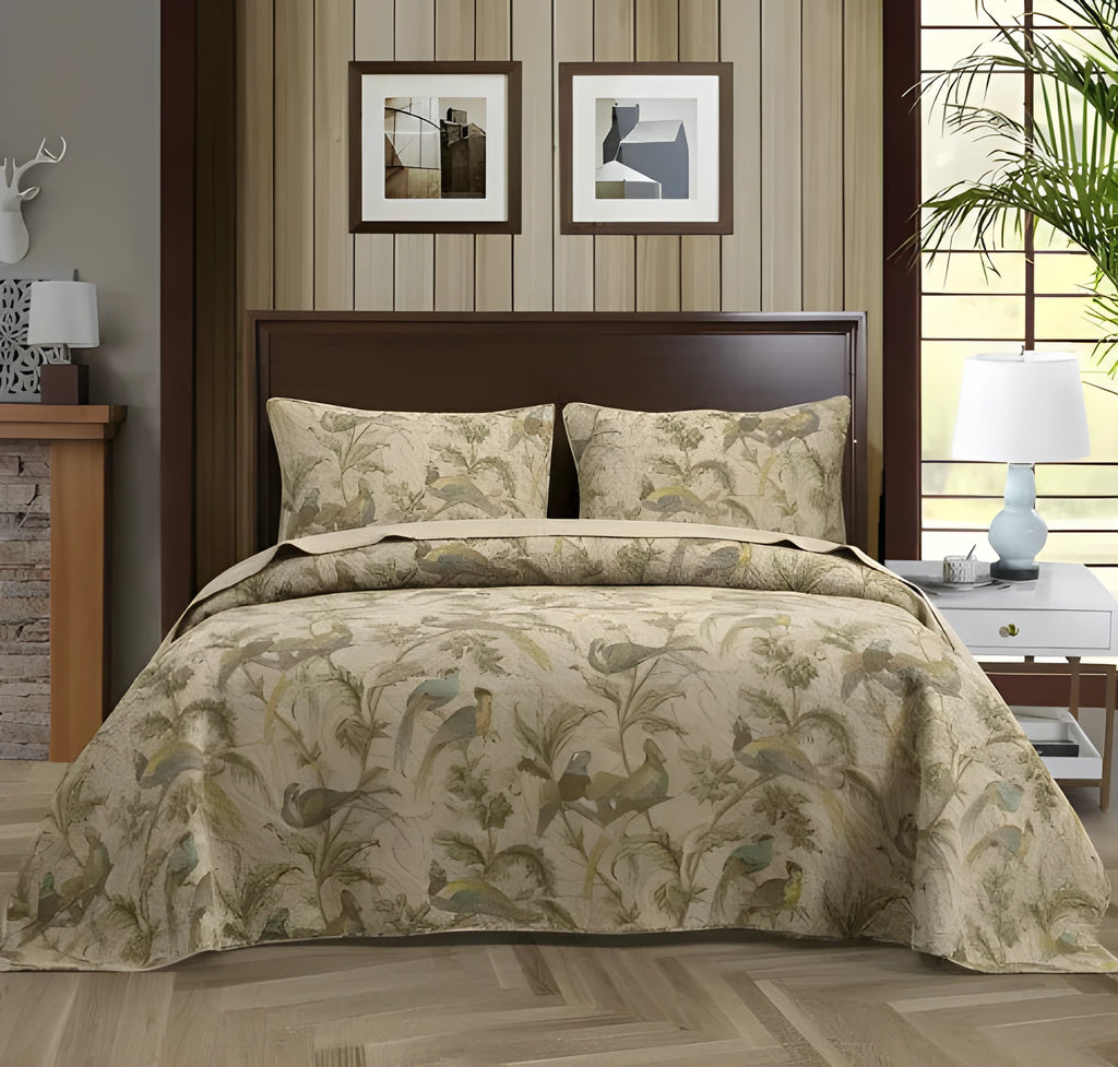 Blue American flower and bird pattern cotton bedspread set with three pieces