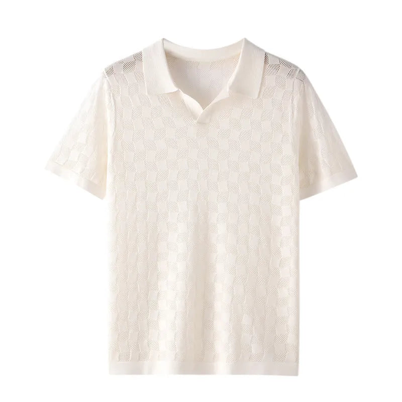 Men's short sleeve lapel sweater in mulberry silk with Jacquard craft texture