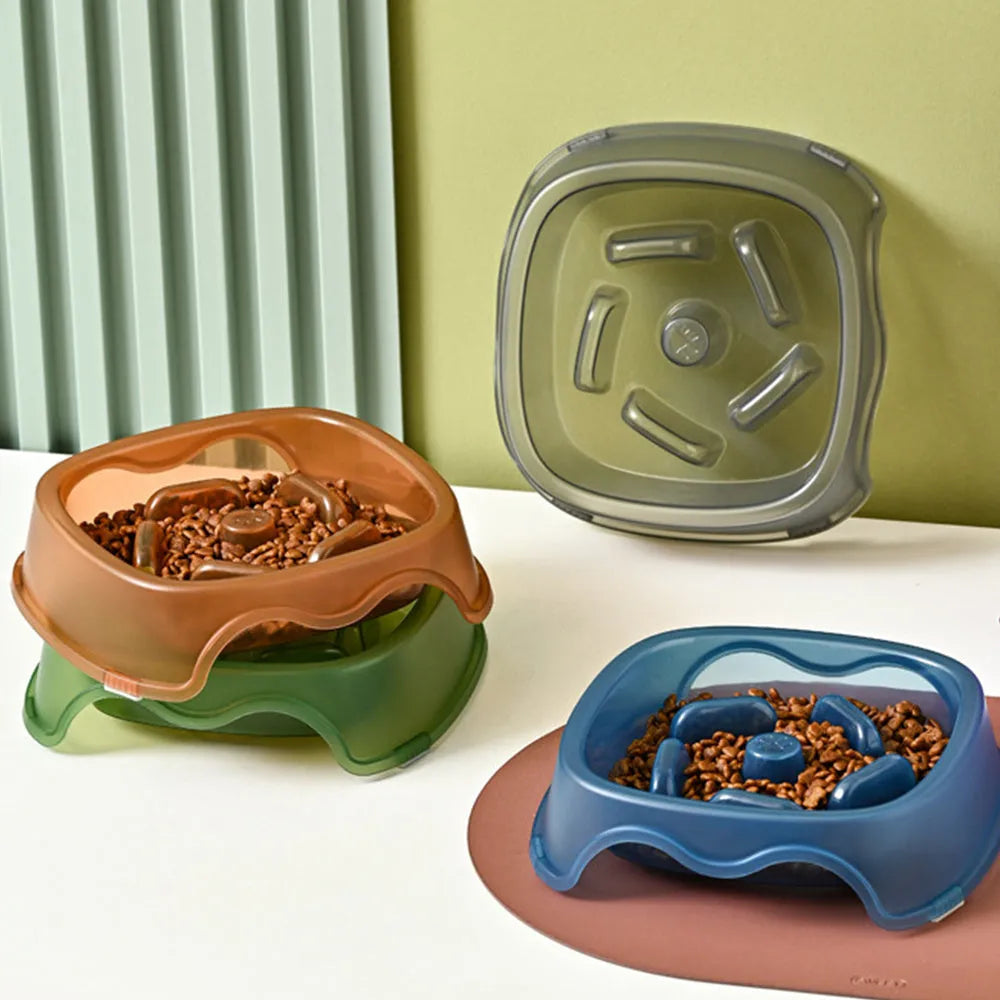 Plastic dog slow feeder bowl in blue, grey, green, or orange with anti-choking maze design