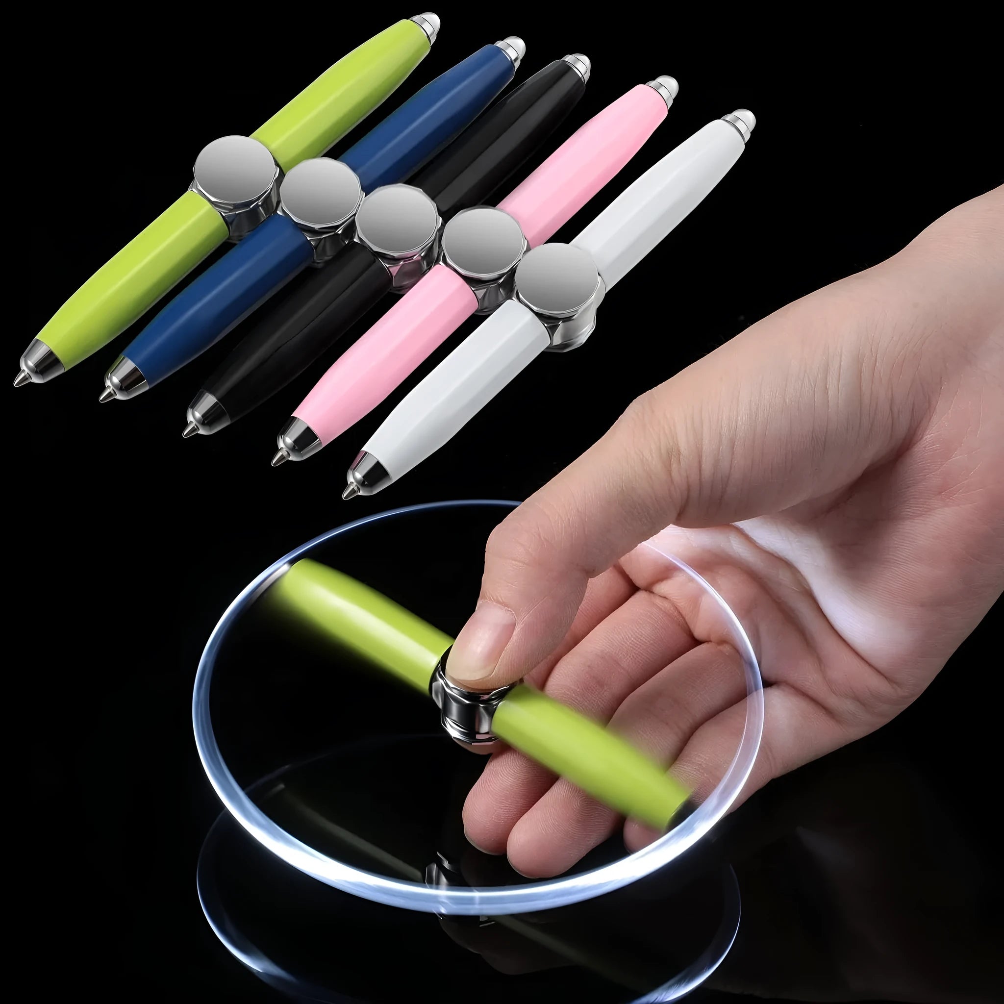 Metal multi-function LED pen with spinning gyro component and ballpoint refill.