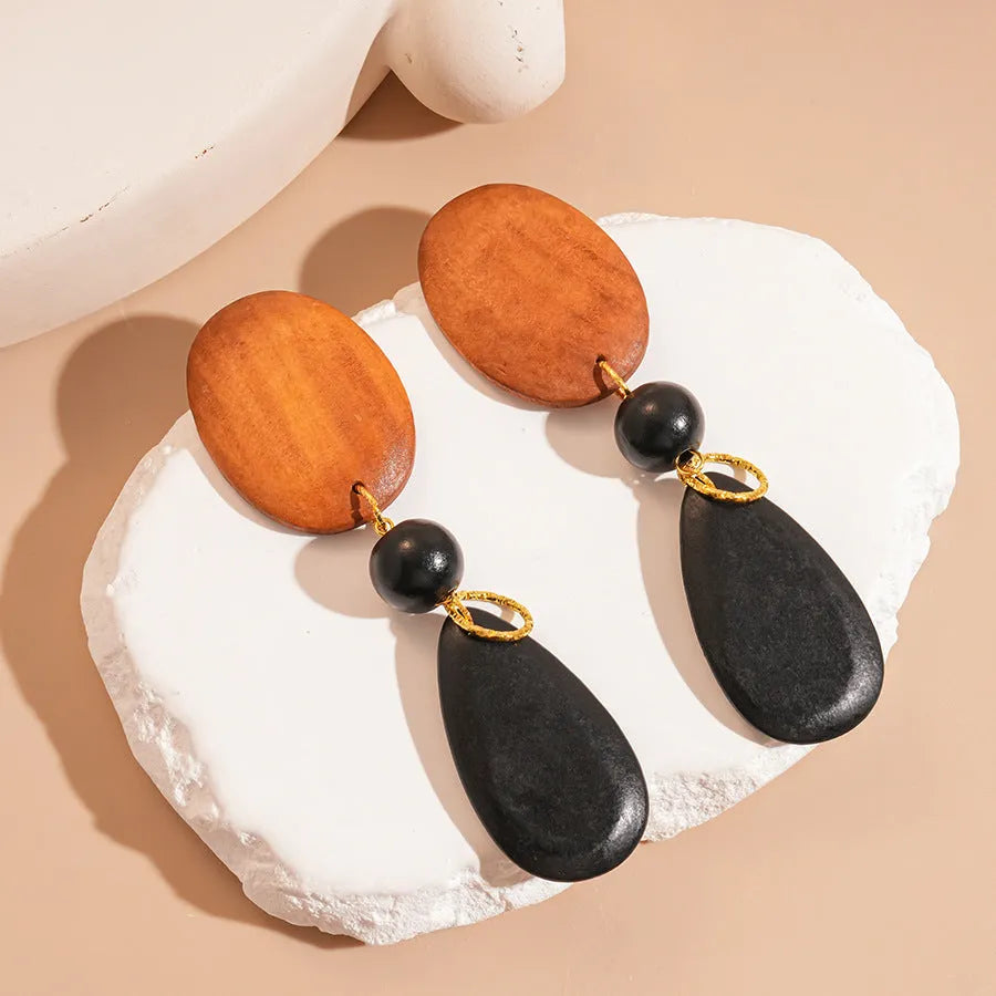Wooden retro earrings with ellipse design in brown black colour European American style
