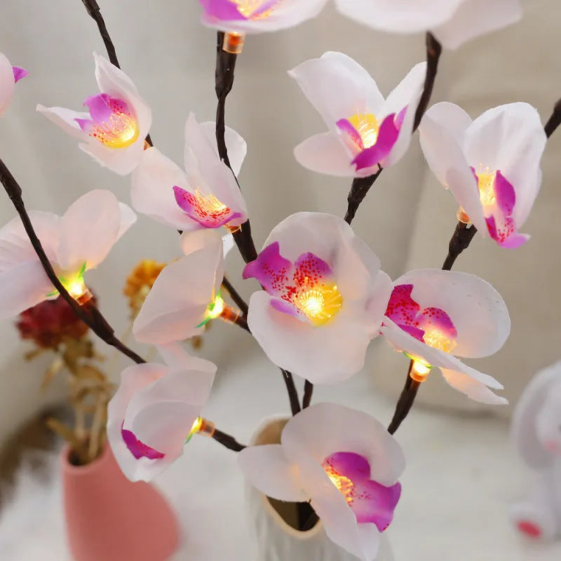 LED phalaenopsis orchid branch decorative light measuring 65cm with pink fabric flowers and warm white LEDs
