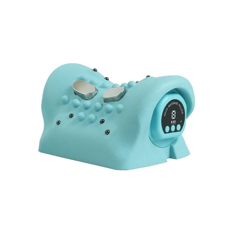 Blue-green cervical spine massage pillow showing portable 17cm design with EMS pulse massage and heat therapy functions