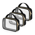 Transparent PVC cosmetic wash bag with detachable chain handle, shown in multiple colour options.