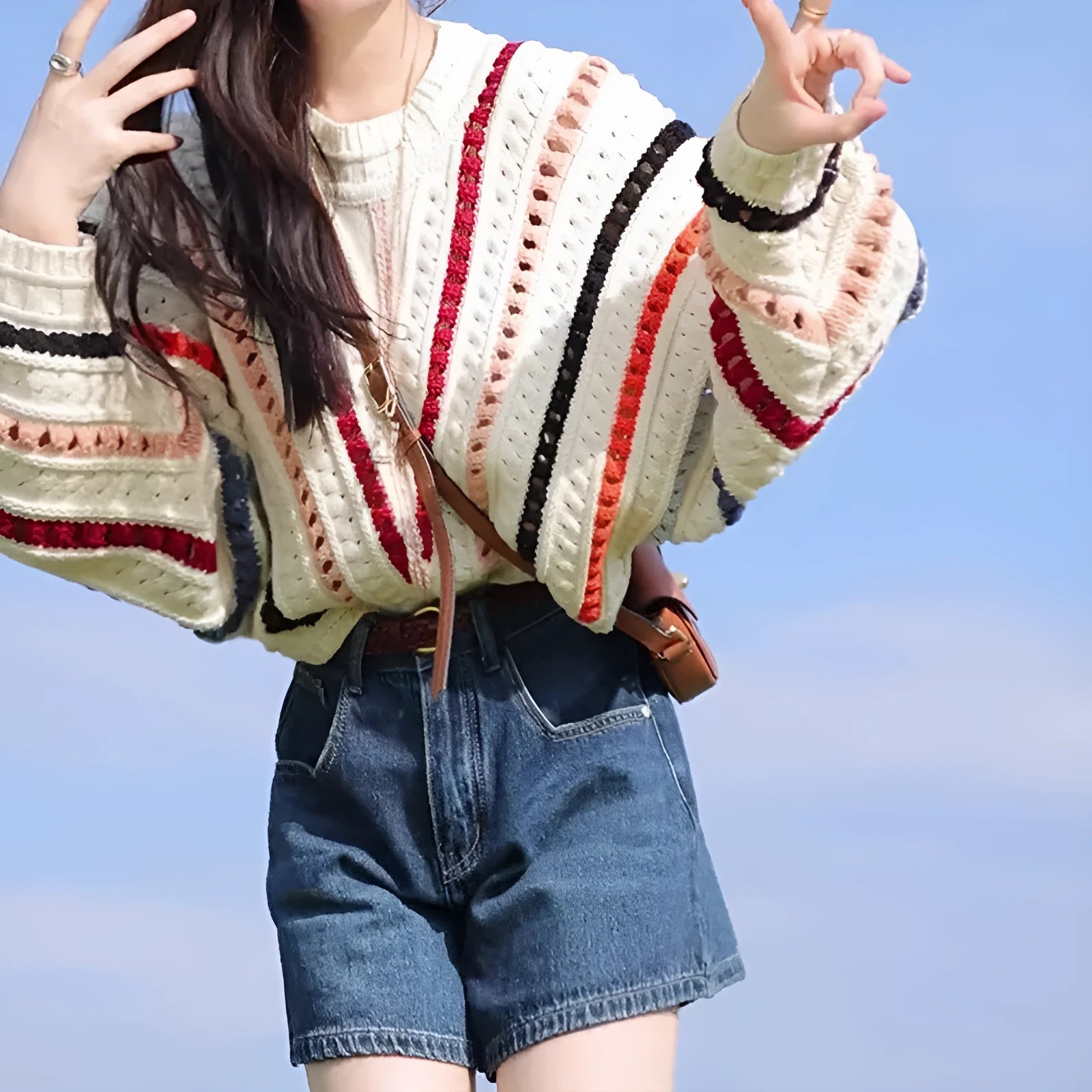 Rainbow striped hollow knit pullover sweater with batwing sleeves in loose casual style
