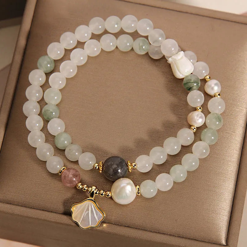 Women's crystal bracelet with Tianshan jade ginkgo leaf pendant, gold-plated artificial gemstone inlay, and rhinestones