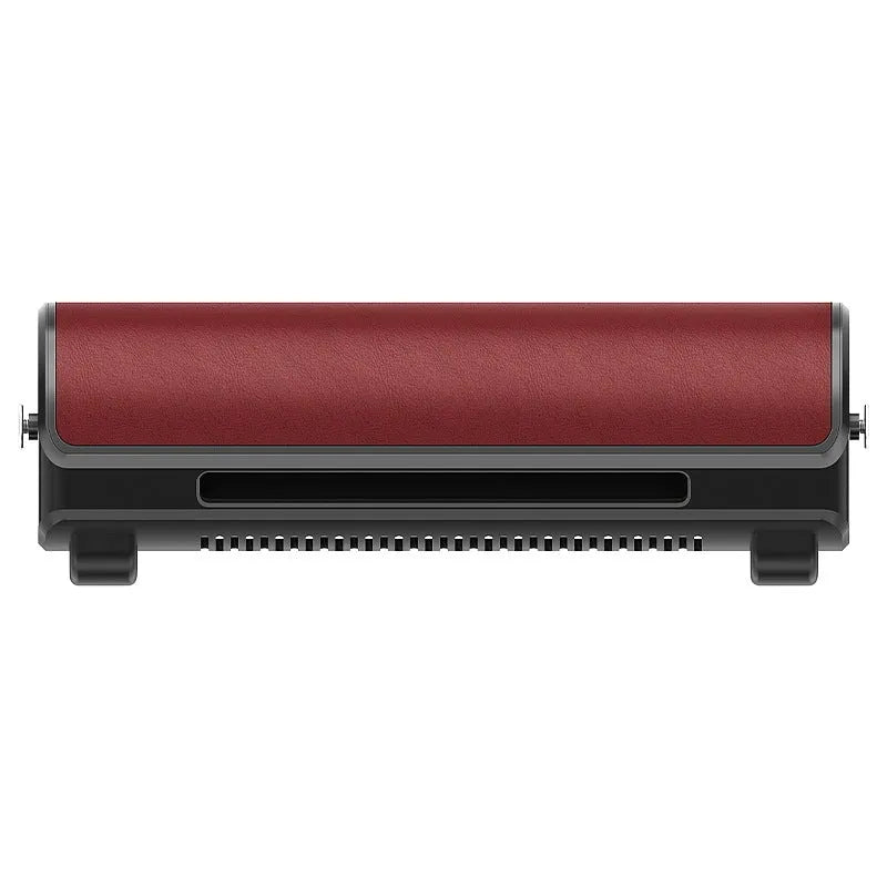 Black USB-powered car fan with three-speed buttons, shown next to a red and brown version.
