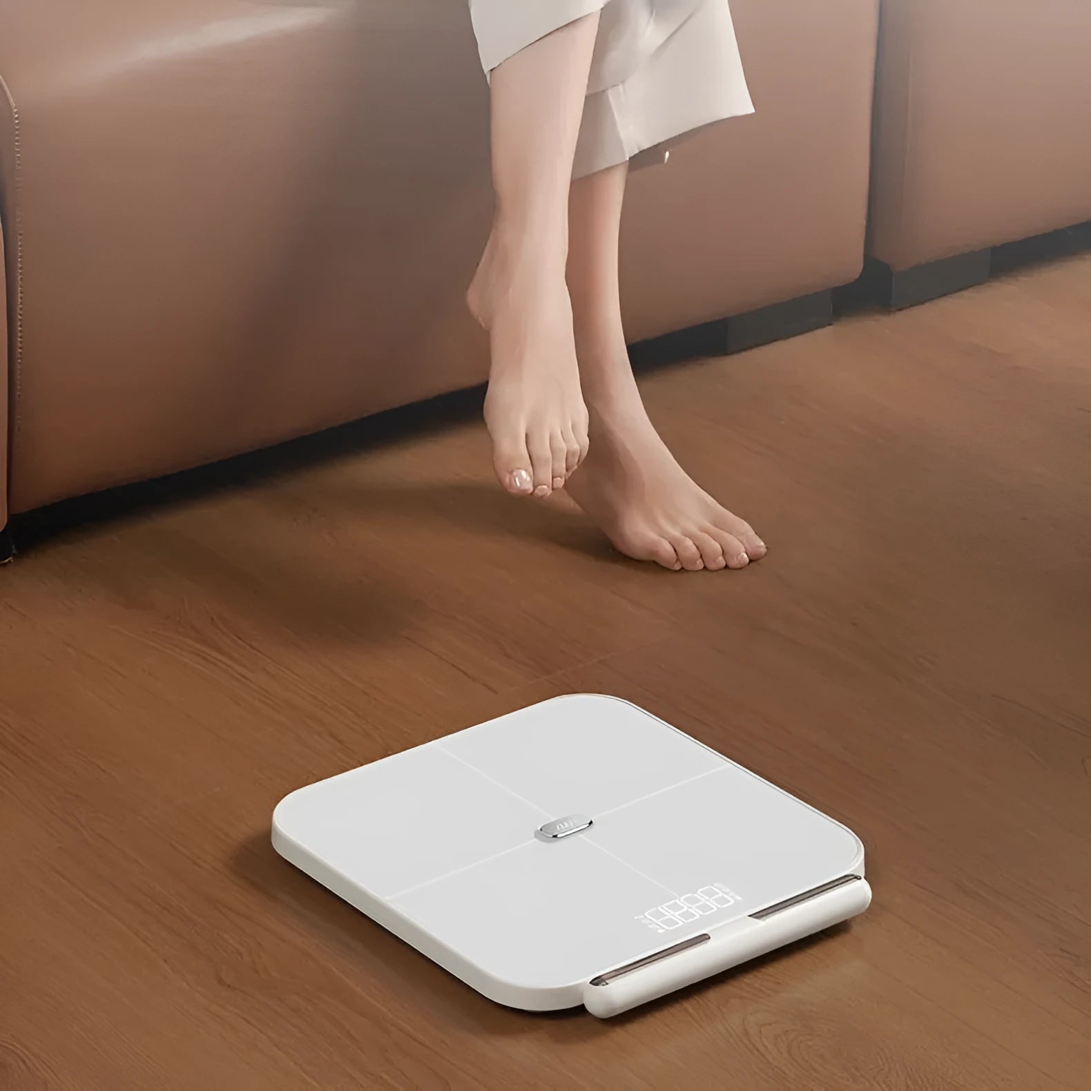 White professional body fat scale with eight electrodes and LED display on tempered glass platform