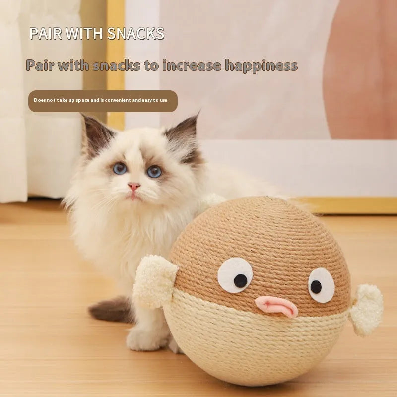 Puffer leakage food feeder cat toy, a 15cm sisal hemp cube for interactive feeding.