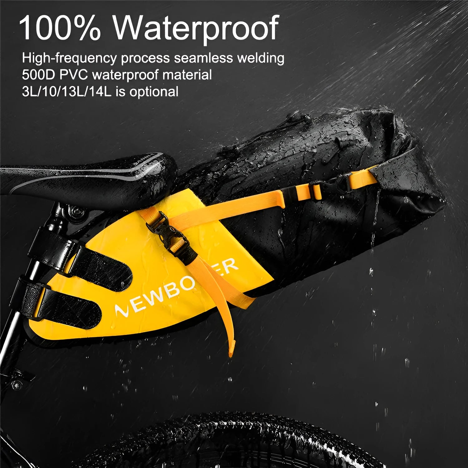 Waterproof PVC bicycle tail bag in yellow colour showing 13-litre storage capacity dimensions