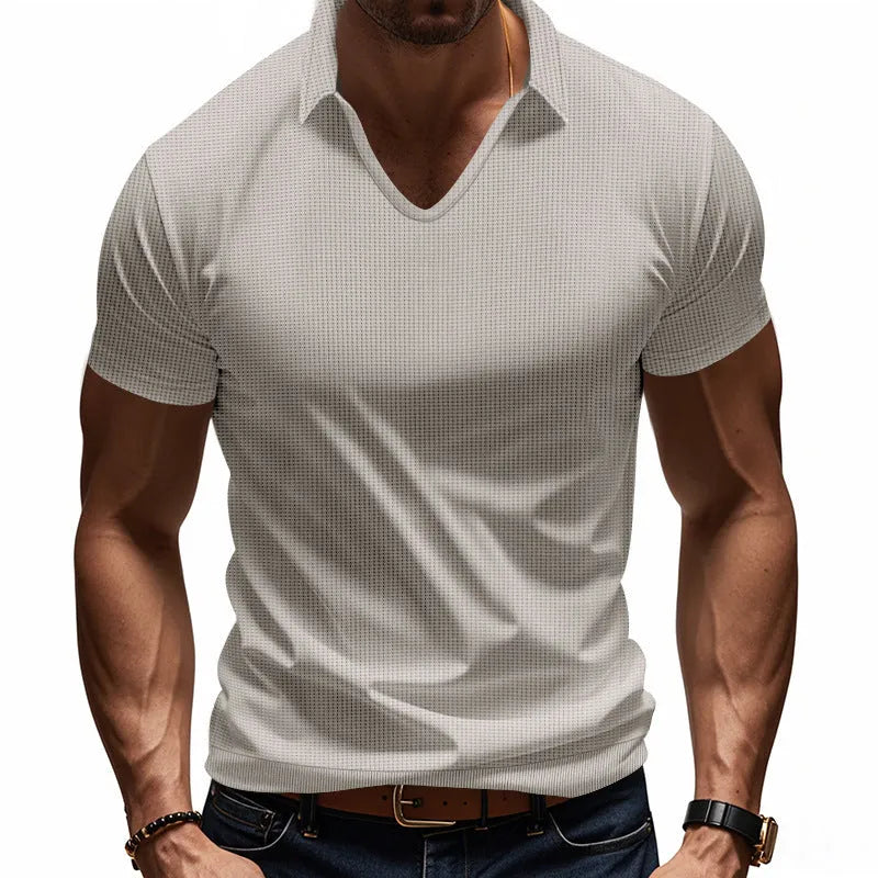 Men's loose fit V-neck short sleeve t-shirt in apricot colour with cotton blend fabric
