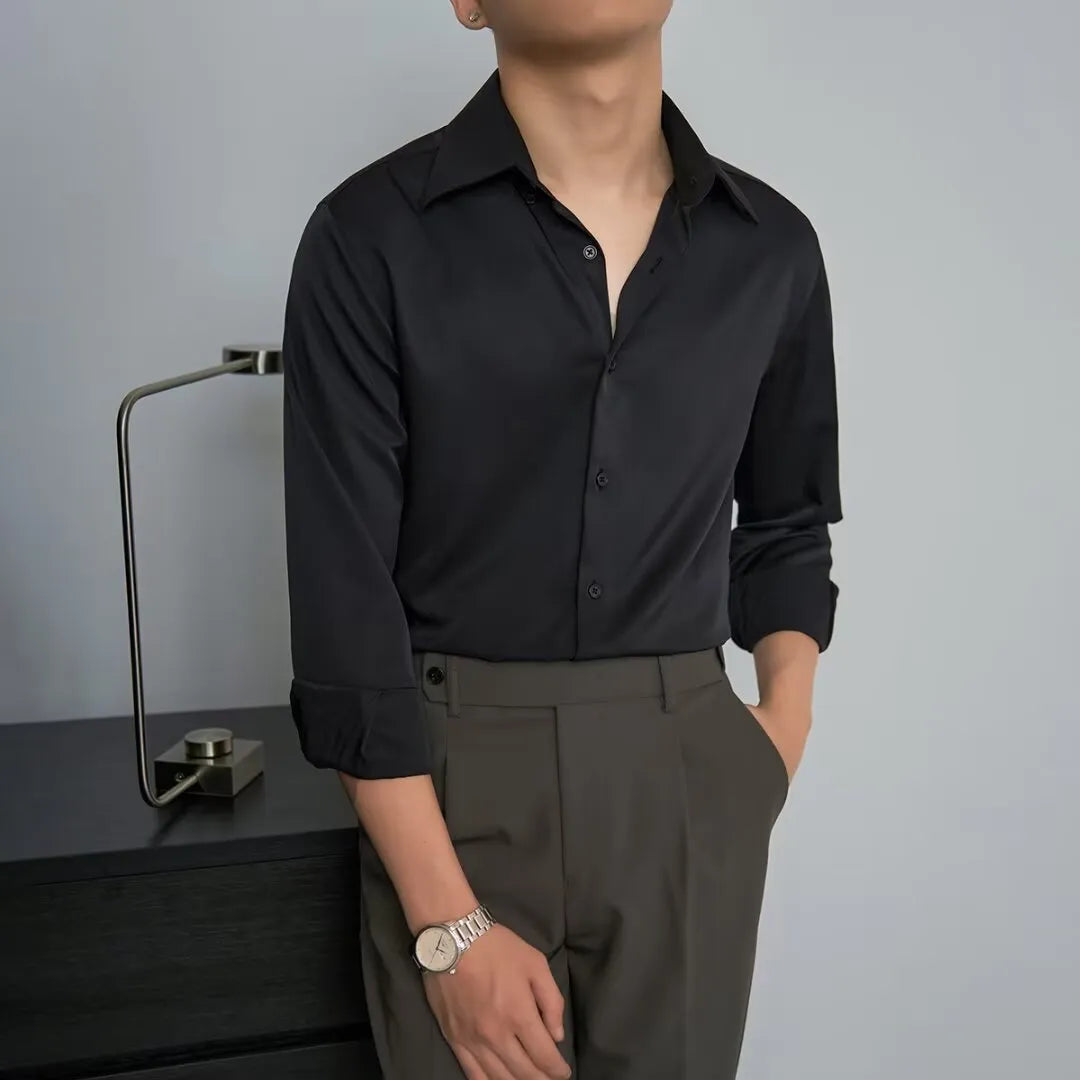 Men's black long sleeve Korean style cardigan shirt with slim fit and loose cut on a model.