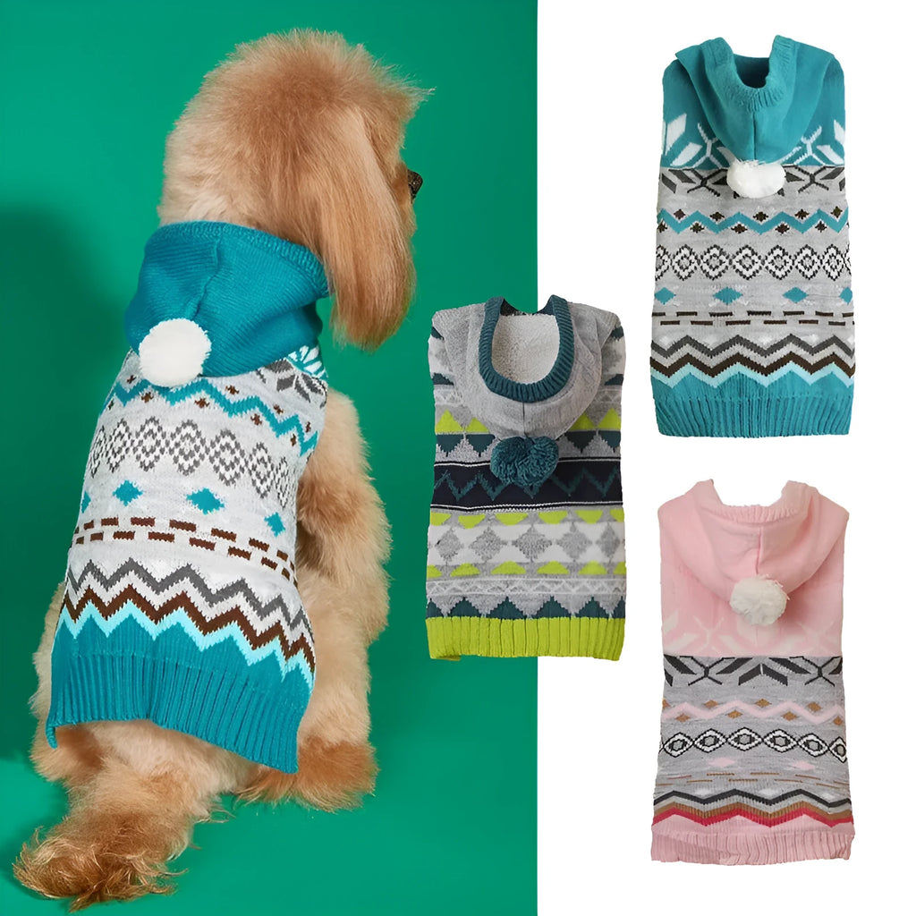 Green diamond pattern pet sweater on dog showing ribbed knitting and classic design