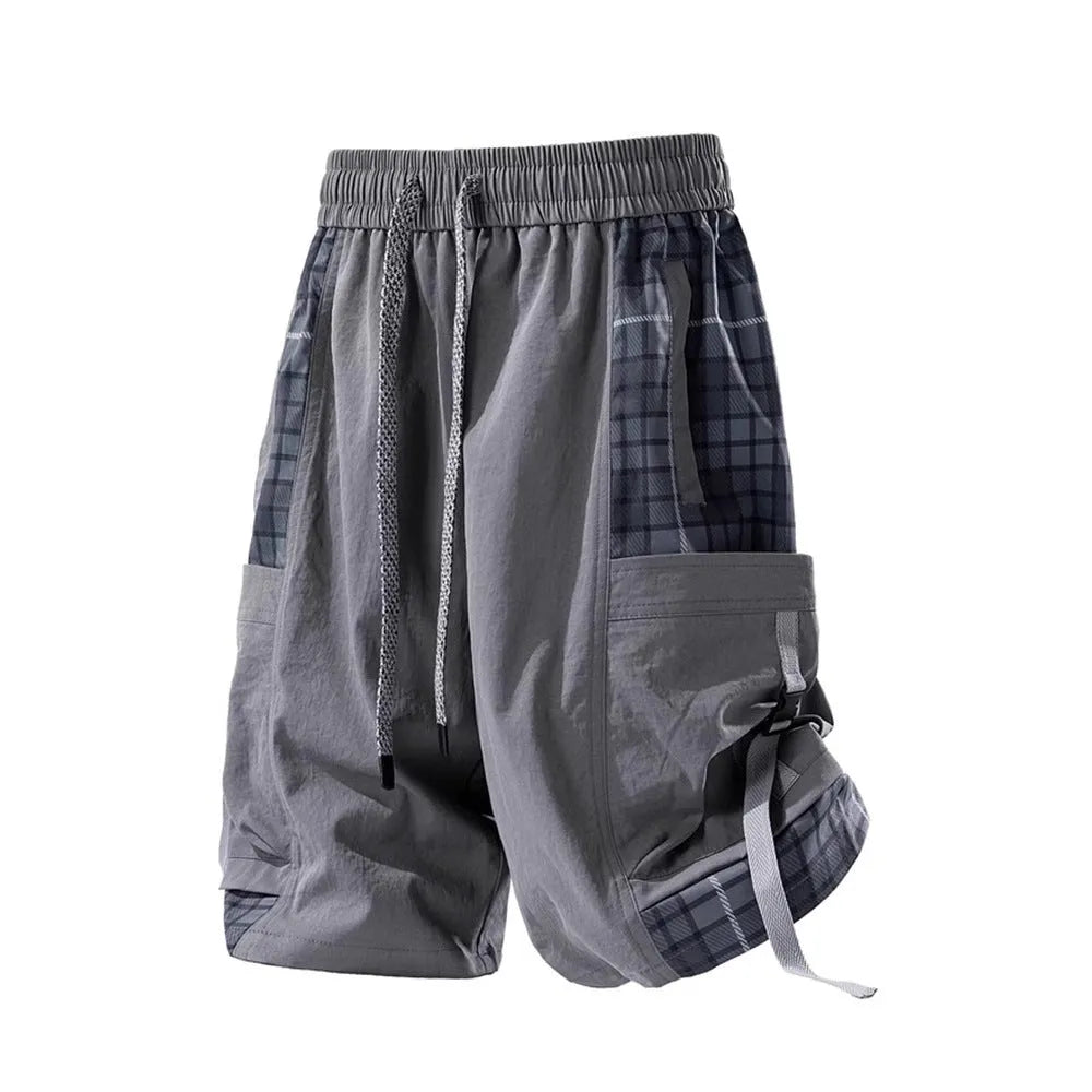 Men's loose-fit cargo shorts with plaid stitching detail in black, grey, or smoky grey.