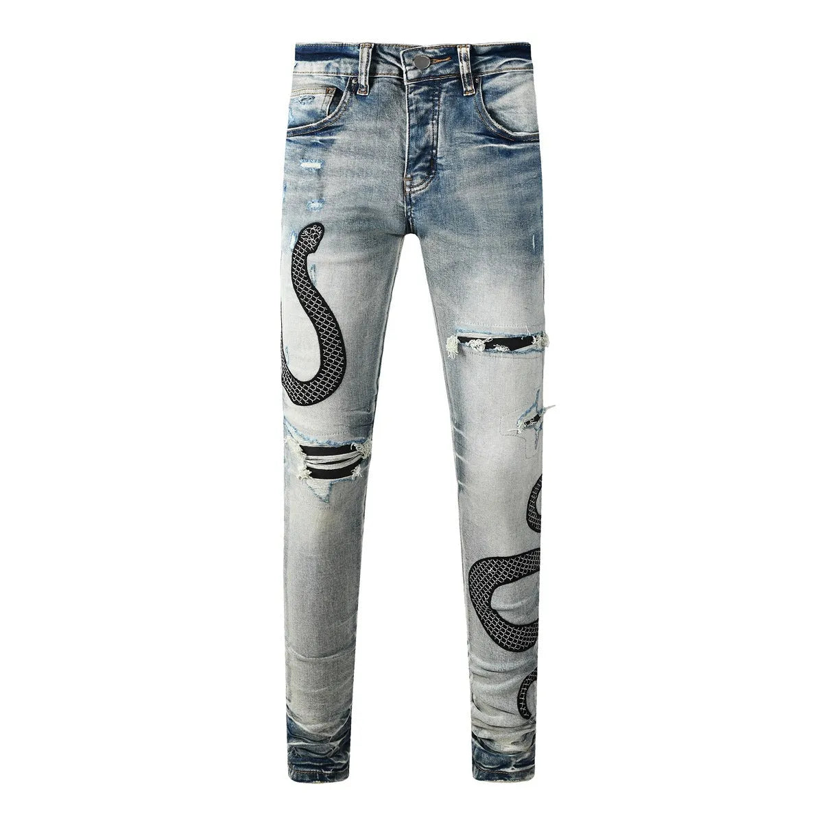 Man's blue distressed skinny jeans with a street fashion wash and button fly.