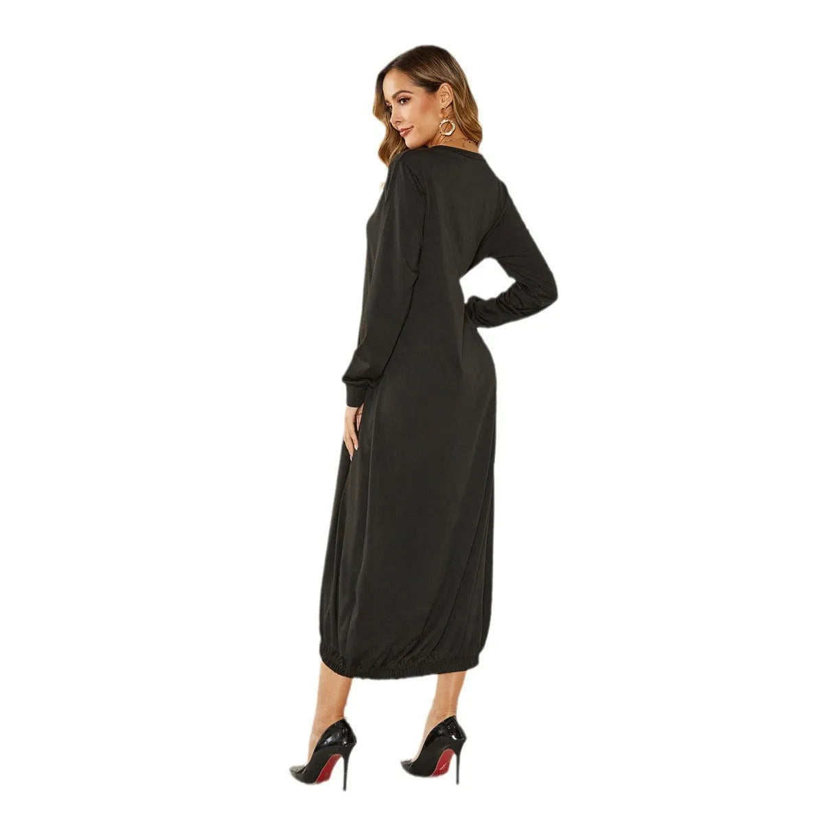 Black loose lantern dress with lace-up crew neck, knit polyester casual style