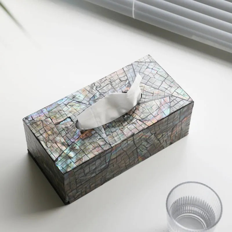 Natural shell tissue storage box with removable organisation in black rectangle and square styles