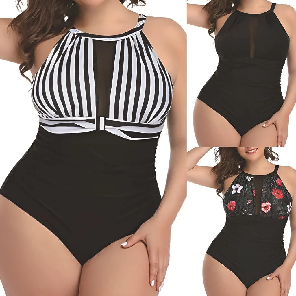Women's black one-piece swimsuit with red flower pattern, plus size swimwear
