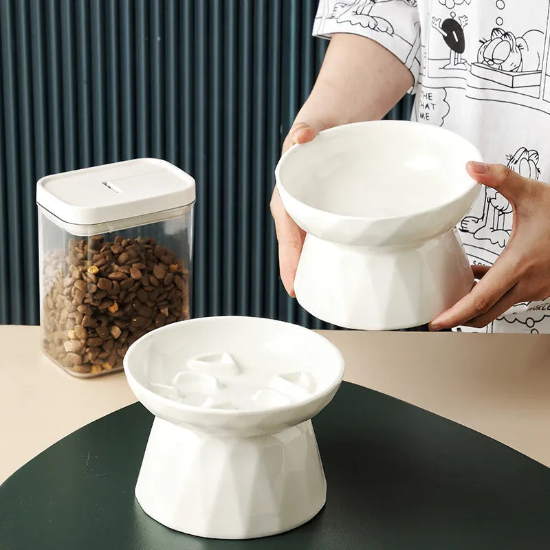 Ceramic tall cat bowl in slow food plate or diamond bowl shape, raised feeding dish for cats