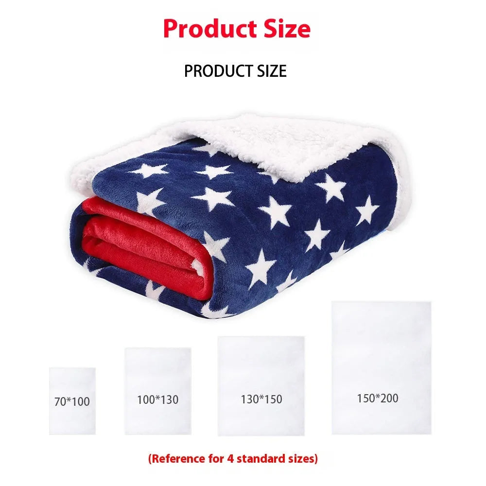 American style striped lambswool-look polyester blanket laid flat, showing three size options.
