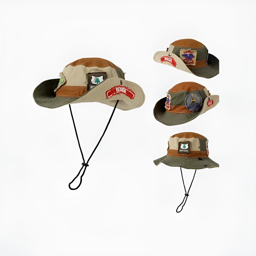 Army green cotton foldable fisherman hat with flat top crown and retro patchwork details.