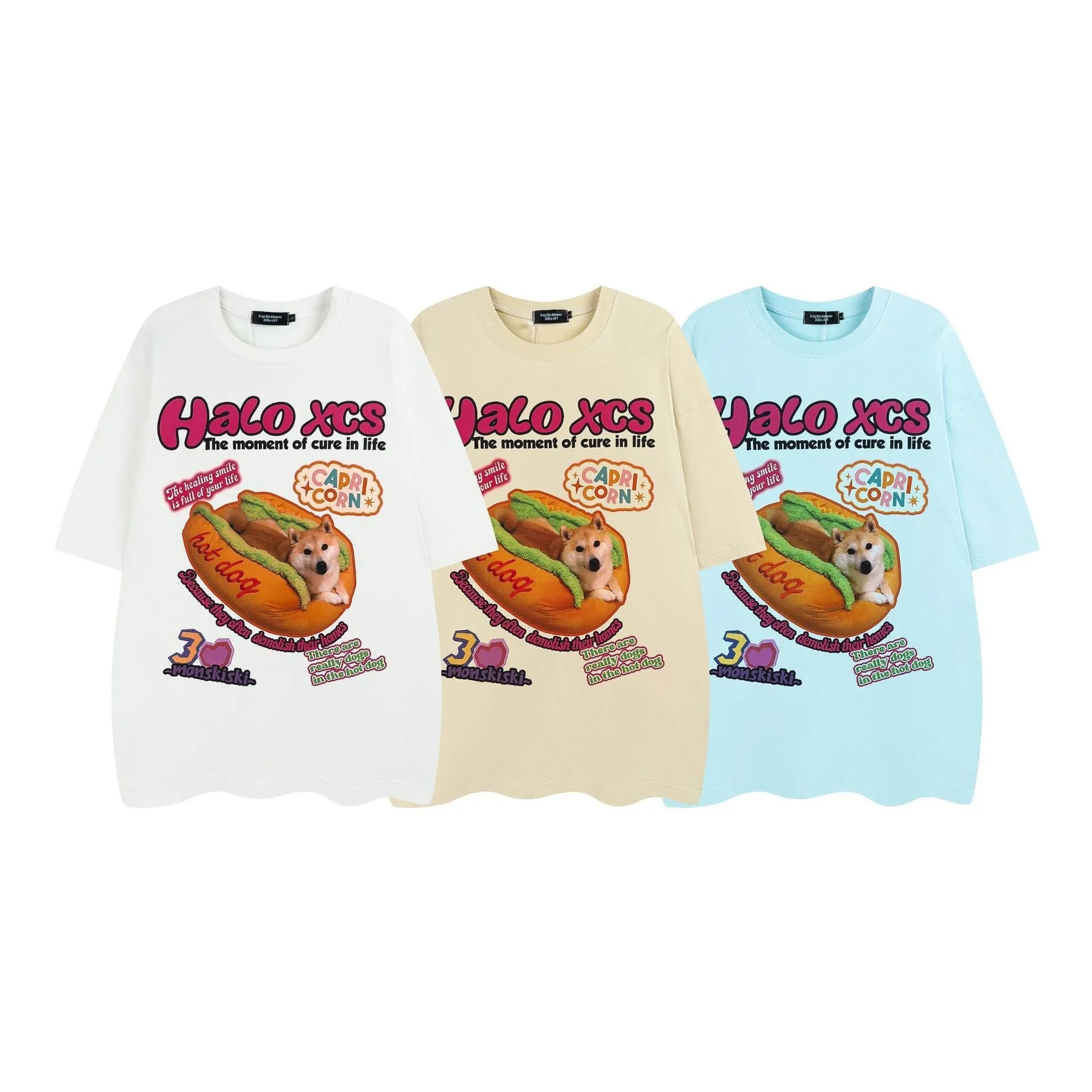 Cartoon hamburger dog printed cotton T-shirt in loose fit casual style