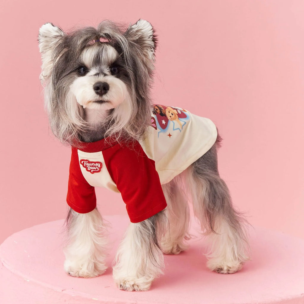 Cotton summer dog outfit with contrast embroidery in red or pink colours