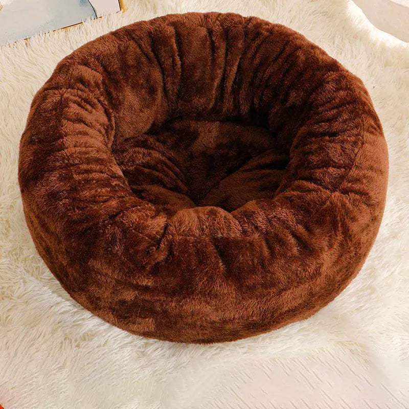 Round plush donut dog bed in Arctic fleece and PP cotton, available in 45cm, 55cm, and 65cm, Coffee Grey White