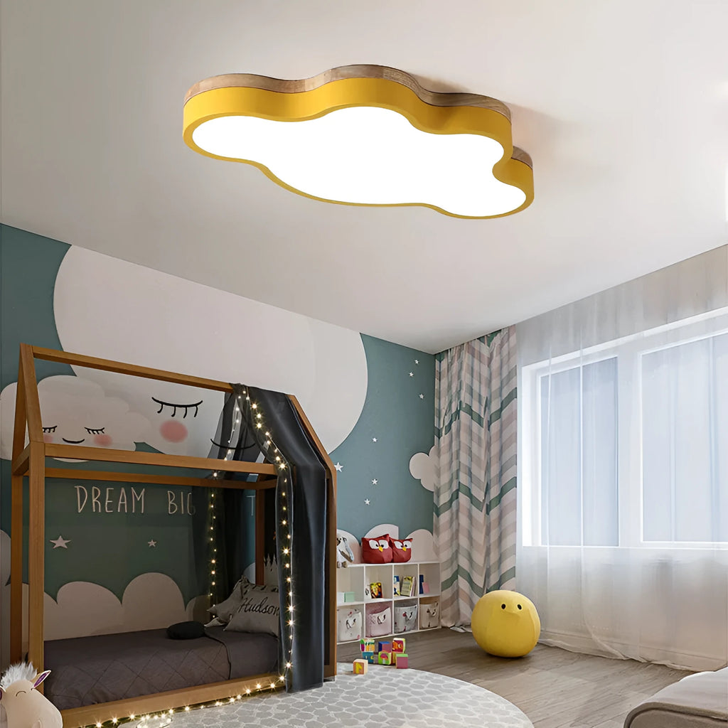 Cloud shaped ceiling LED light fixture in wood effect finish with modern design