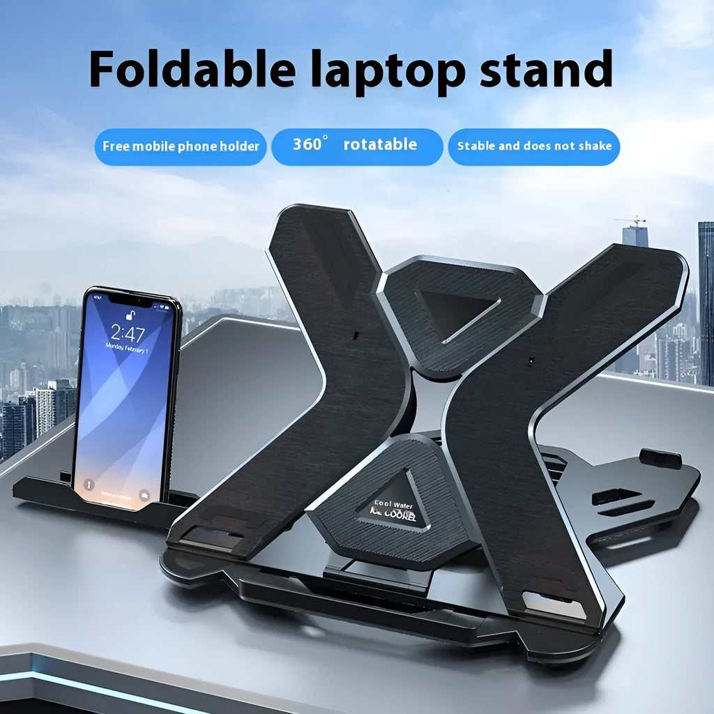 Black ABS plastic laptop bracket with 300x200mm support area on wooden desk