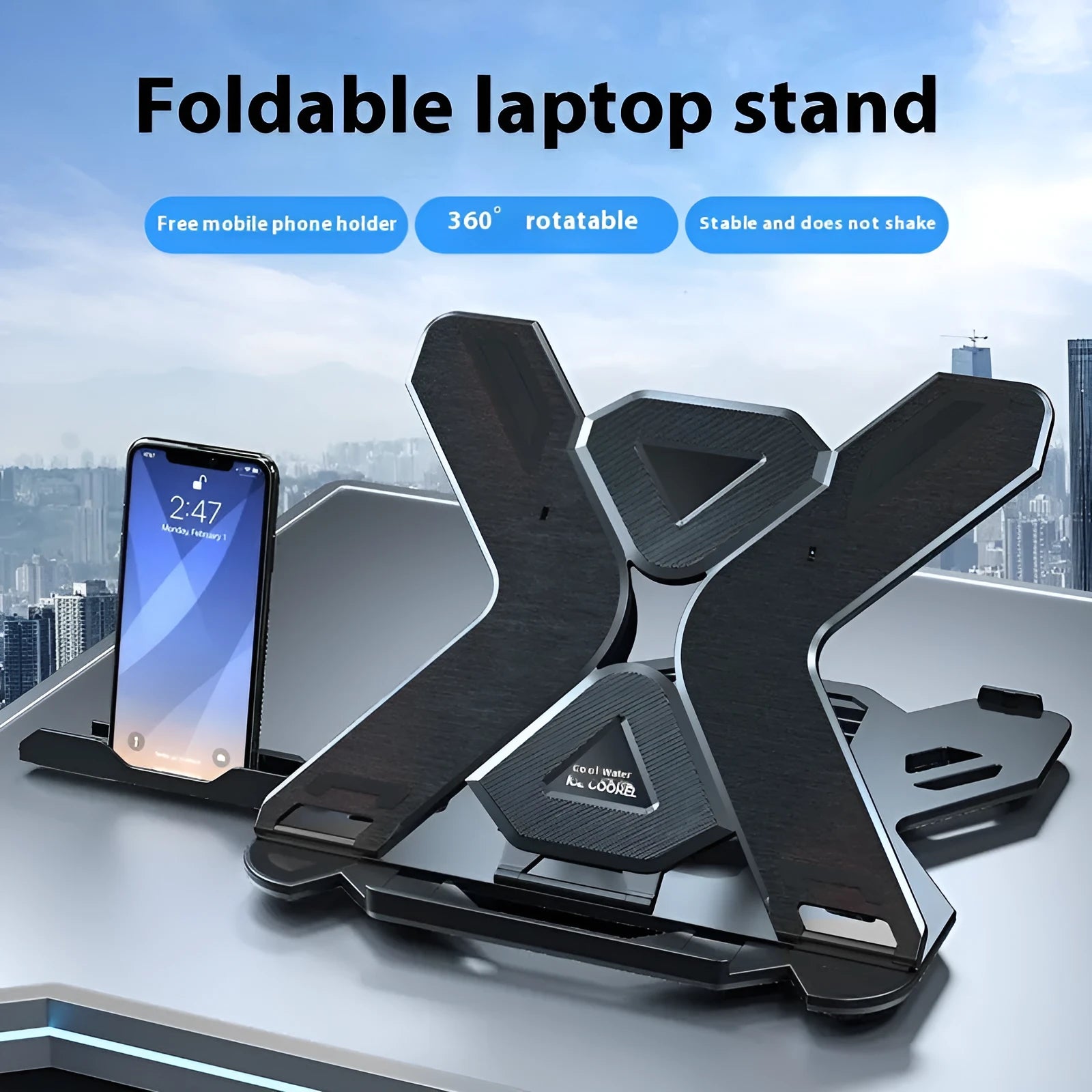 Black ABS plastic laptop bracket with 300x200mm support area on wooden desk