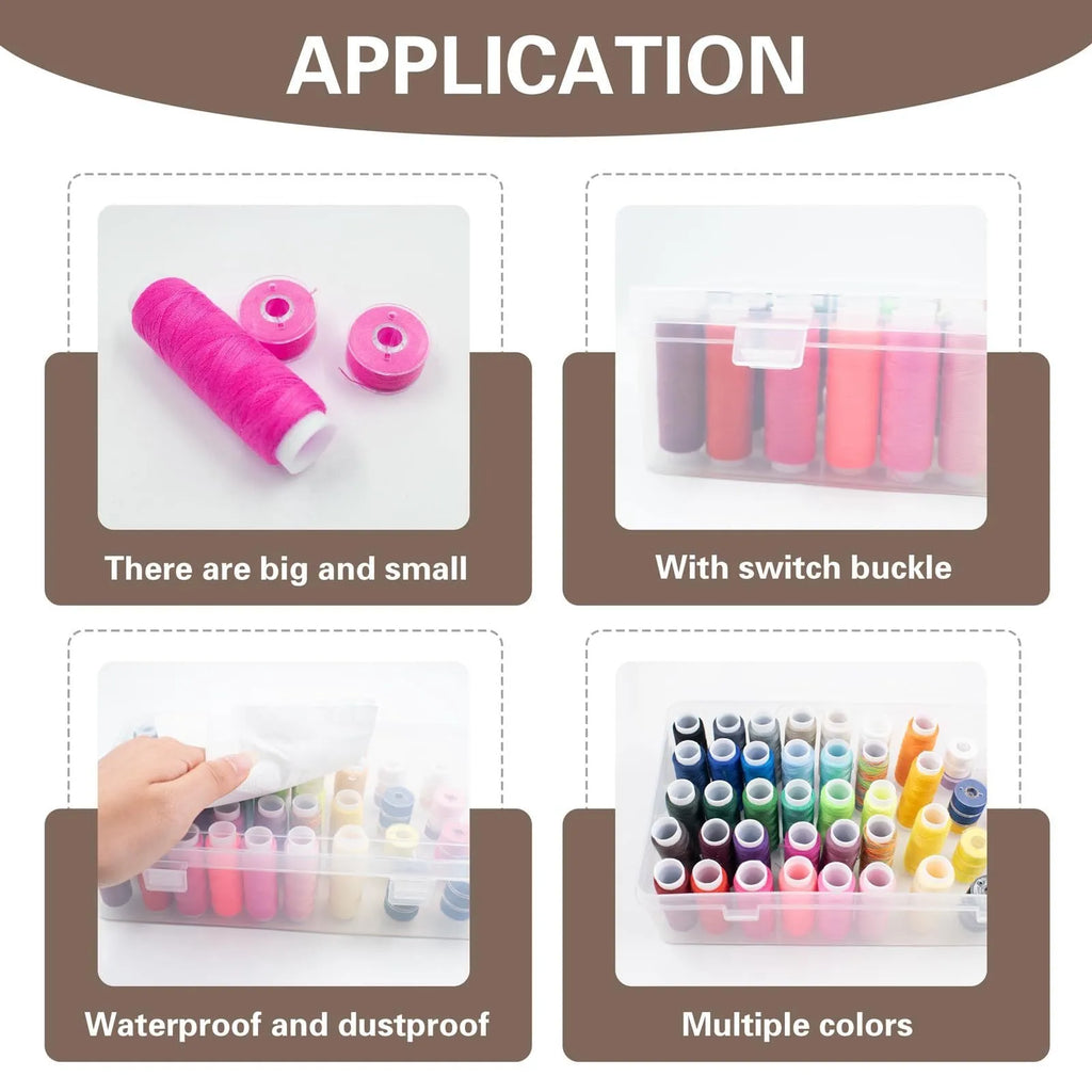 A 42-compartment transparent plastic sewing storage box for organising embroidery threads and needles.