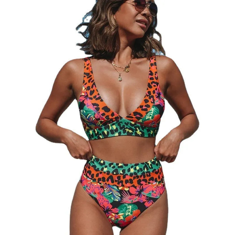 Women's high-waist floral print bikini swimsuit set in polyester fabric