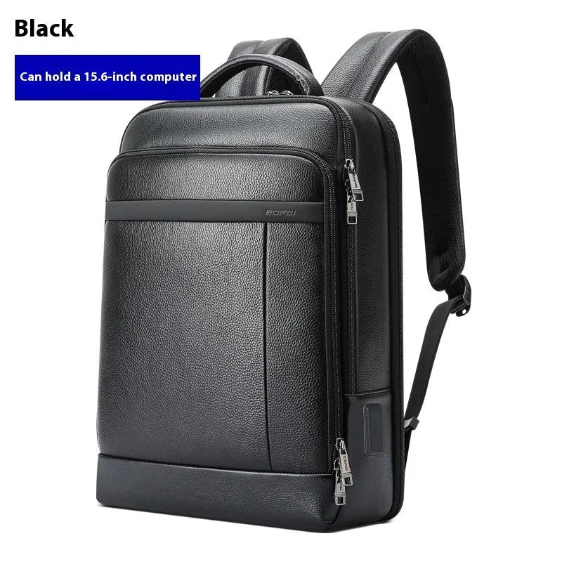 Black cowhide leather business backpack with USB port and curved shoulder straps