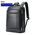 Black cowhide leather business backpack with USB port and curved shoulder straps