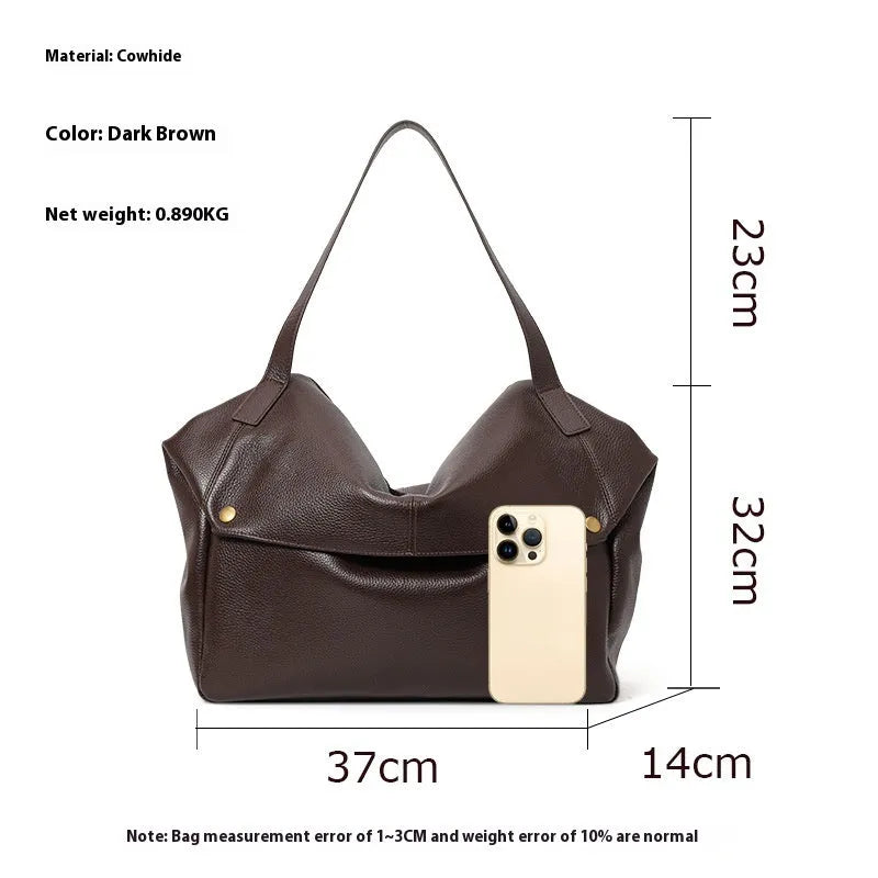 Brown genuine leather women's commuter shoulder bag with horizontal square shape showing zipper compartment