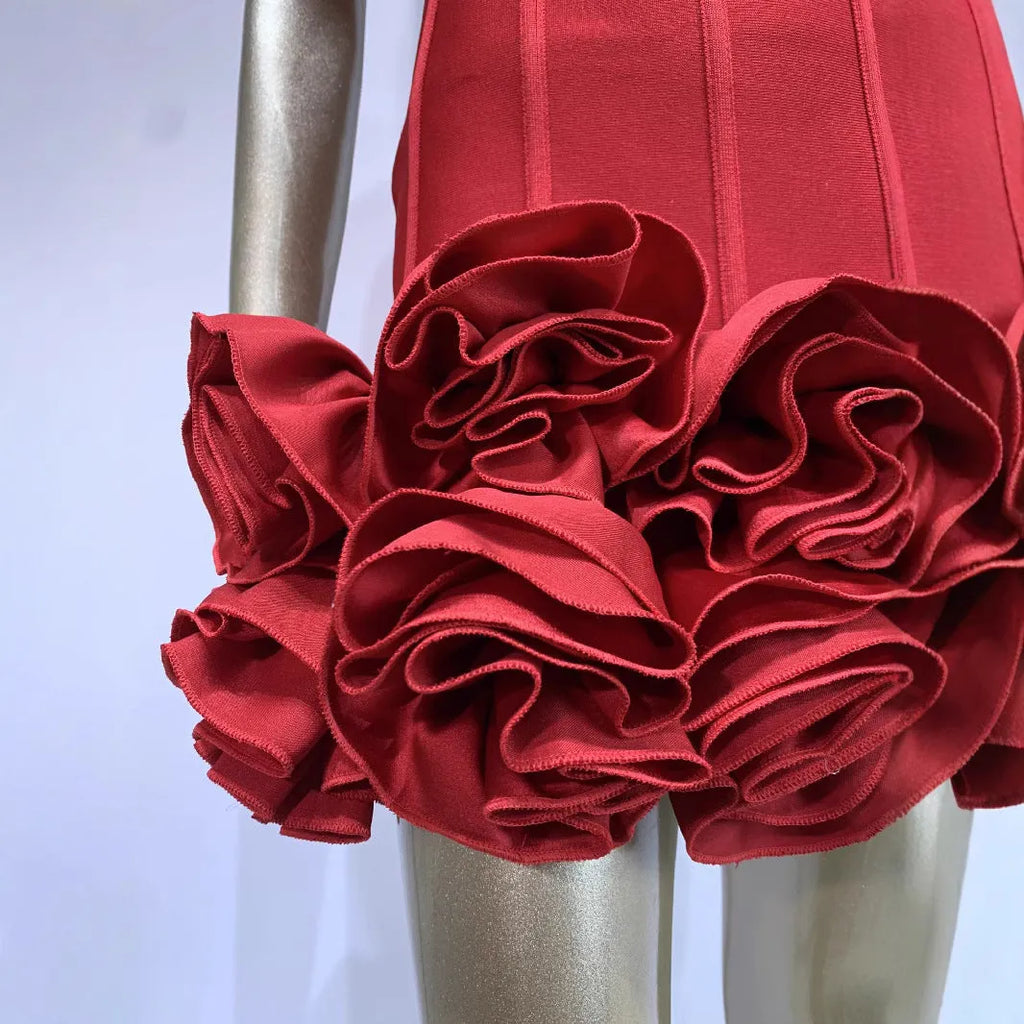 Women's solid colour polyester dress in red white or black with mid waist design