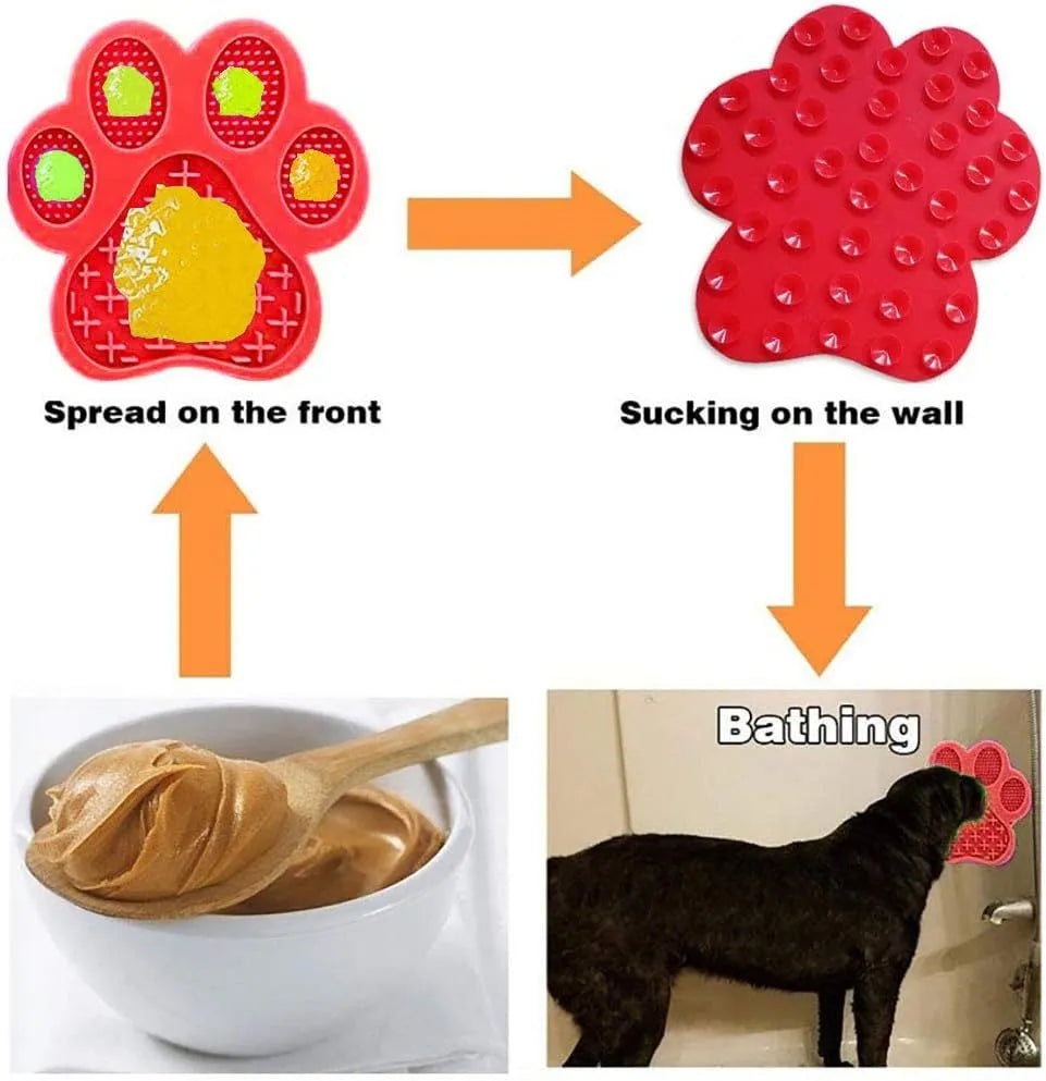 Silicone dog licking mat with bone texture and suction cups on back in assorted colours