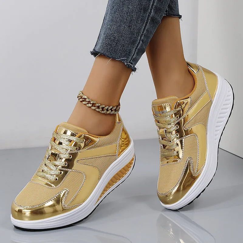 Women's gold mesh platform sports shoes with cross-strap and thick sole
